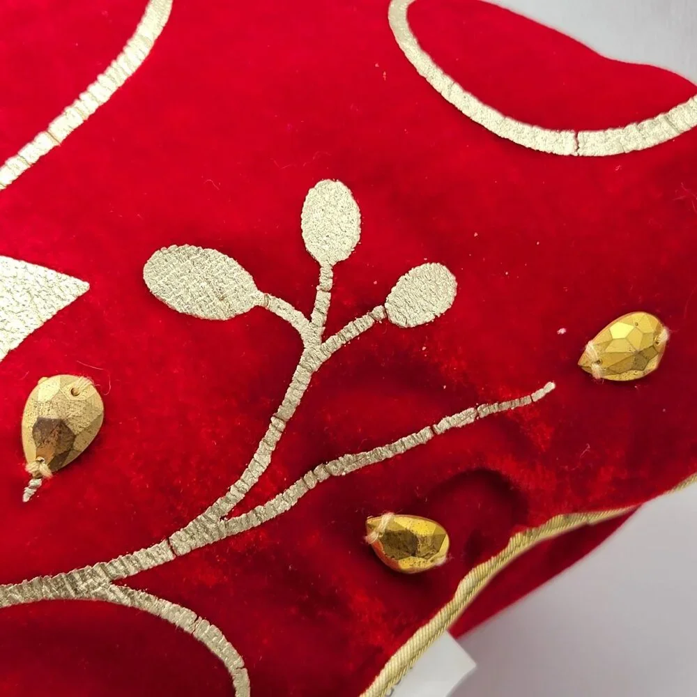 VTG Red & Gold Velvet Christmas Throw Pillow With Poinsettia Design Embroidery